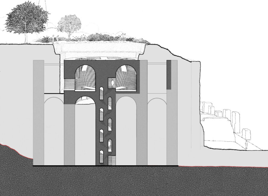 Vue en coupe de l’édifice néronien, encore partiellement enseveli dans les remblais de la terrasse flavienne (Dessin J.…