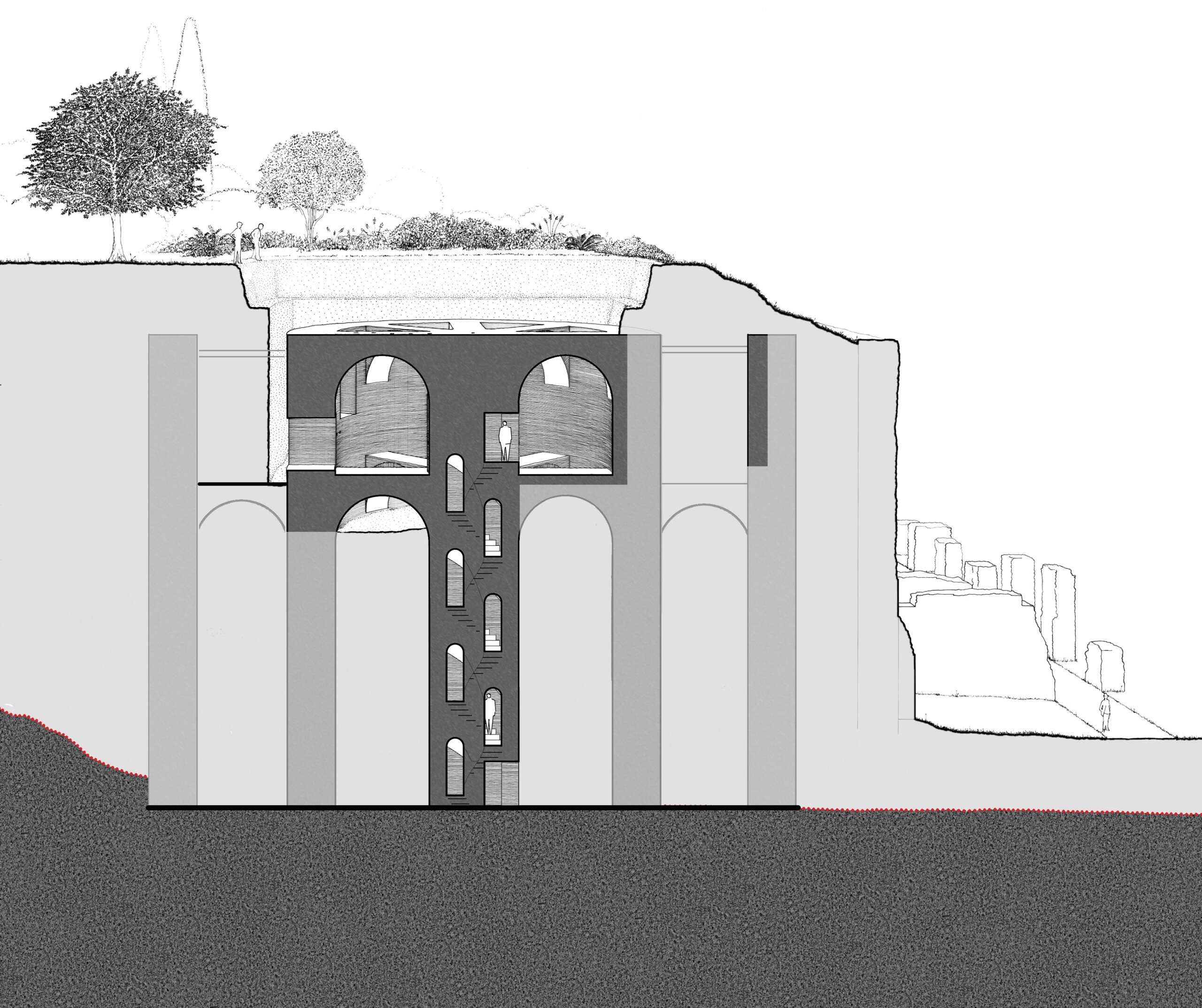 Vue en coupe de l’édifice néronien, encore partiellement enseveli dans les remblais de la terrasse flavienne (Dessin J.…