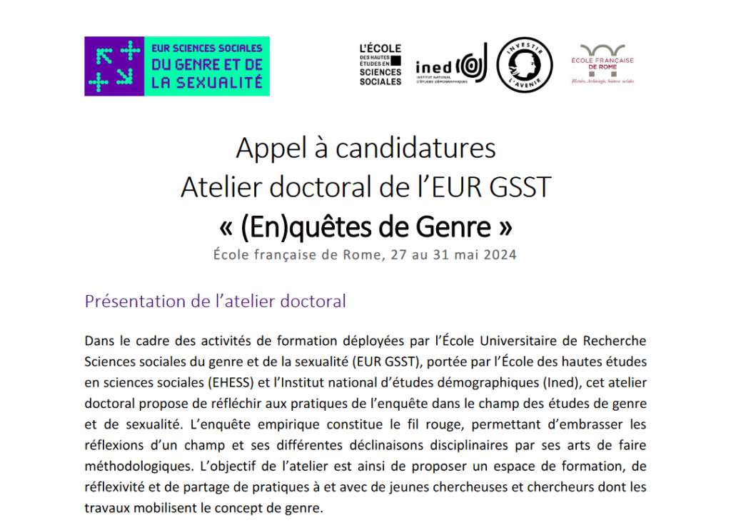 Atelier doctoral de l’EUR GSST « (En)quêtes de Genre »