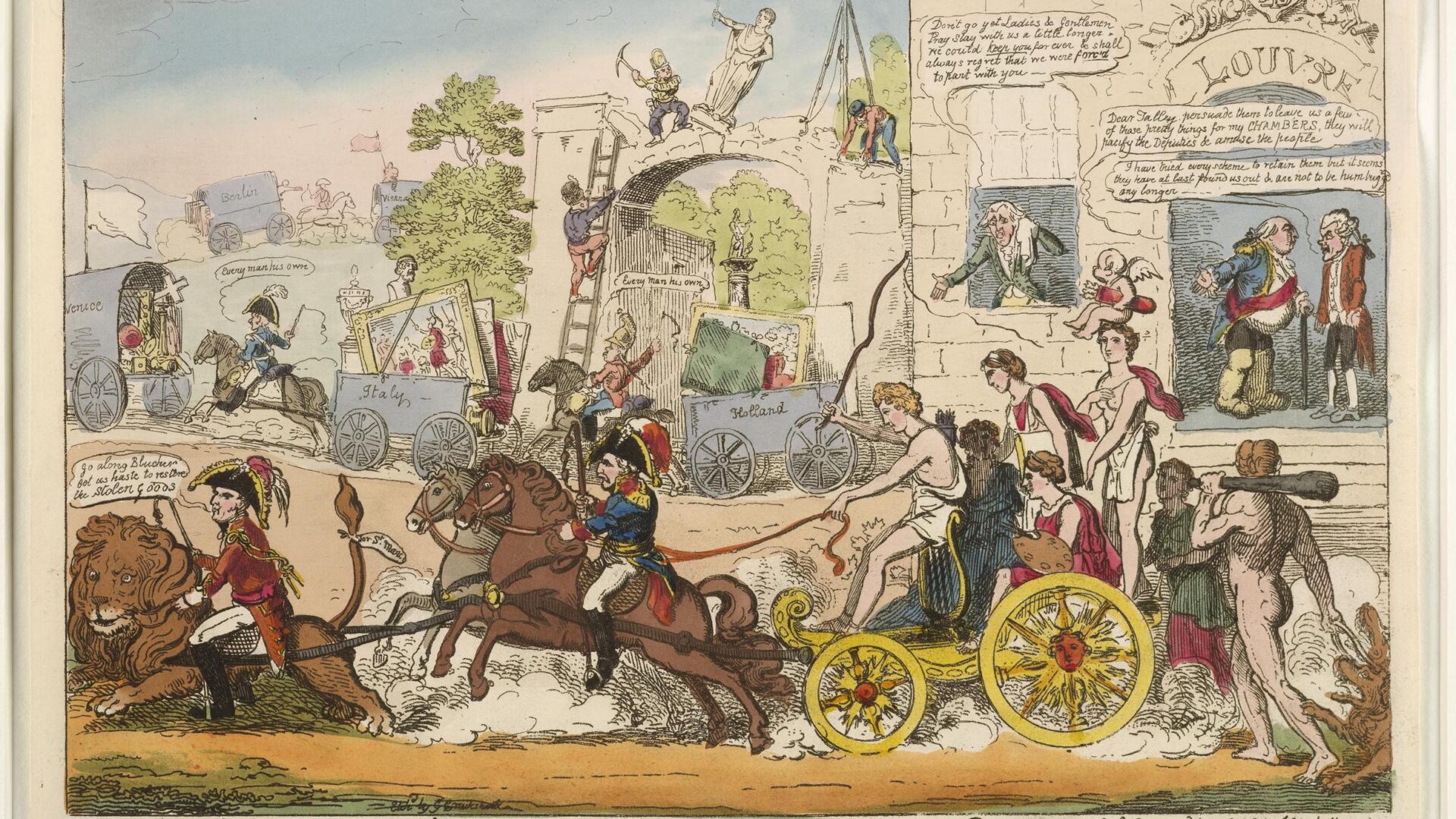 G. Cruikshank, The Departure of Apollo & the Muses or Farewell to Paris, stampa colorata, 1815
