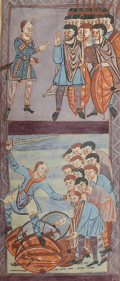 Scènes de la vie et du martyre de s. Maurice et ses compagnons. Graduel de l’abbaye de Prüm (fin Xe siècle), Paris, BnF, ms.…