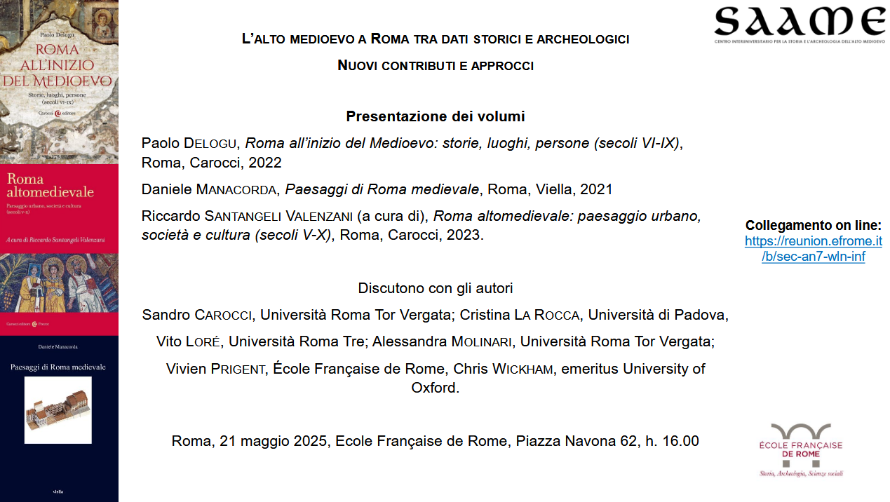 Presentazione dei volumi L’alto medioevo a Roma tra dati storici e archeologici. Nuovi contributi e approcci
