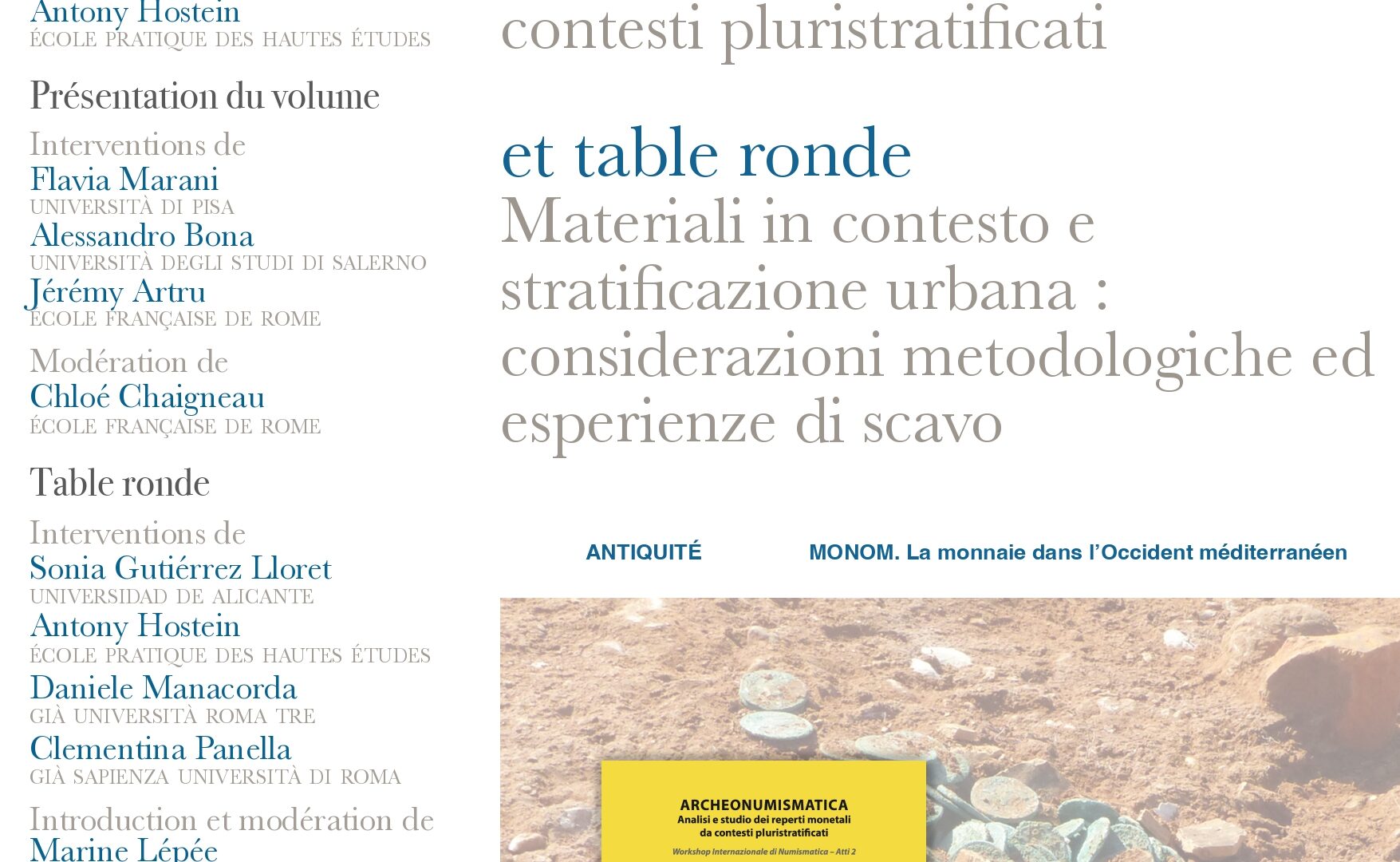 Présentation du volume “Archeonumismatica. Analisi e studio dei reperti monetali da contesti pluristratificati – Workshop…